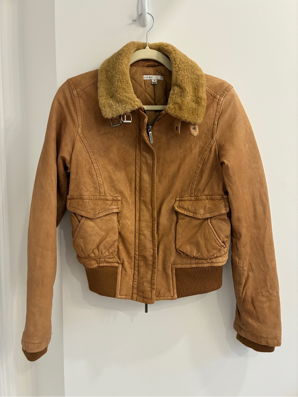 Vince Tan Suede Bomber Jacket with Shearling Collar